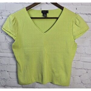 Evie Y2K 90s V Neck Top Short Sleeve Ribbed Knit Lime Green Puff Sleeve Size PM